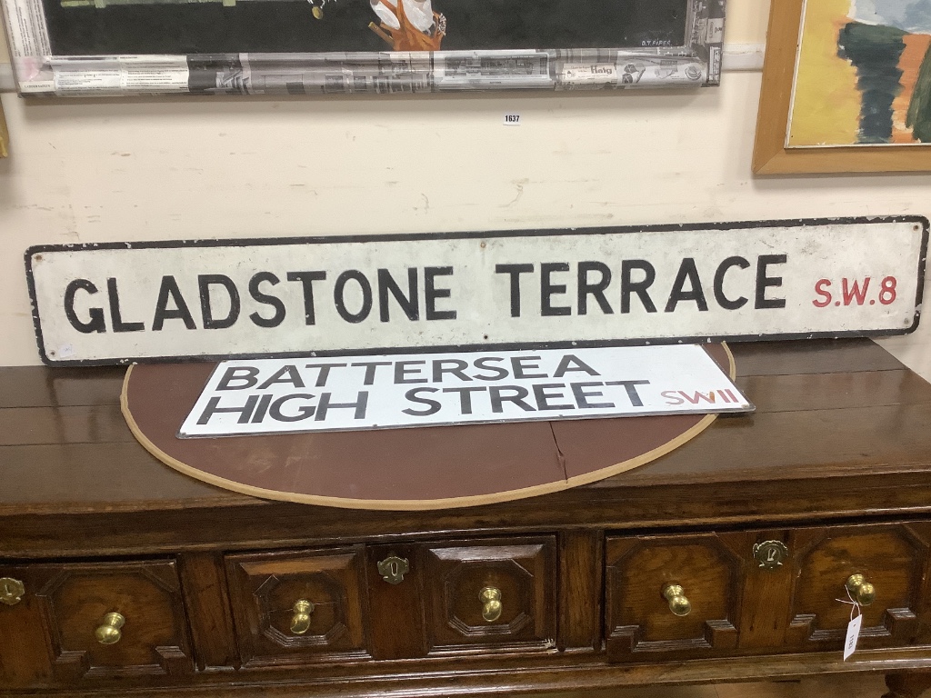 Two street signs, Gladstone Terrace SW8 and Battersea High Street